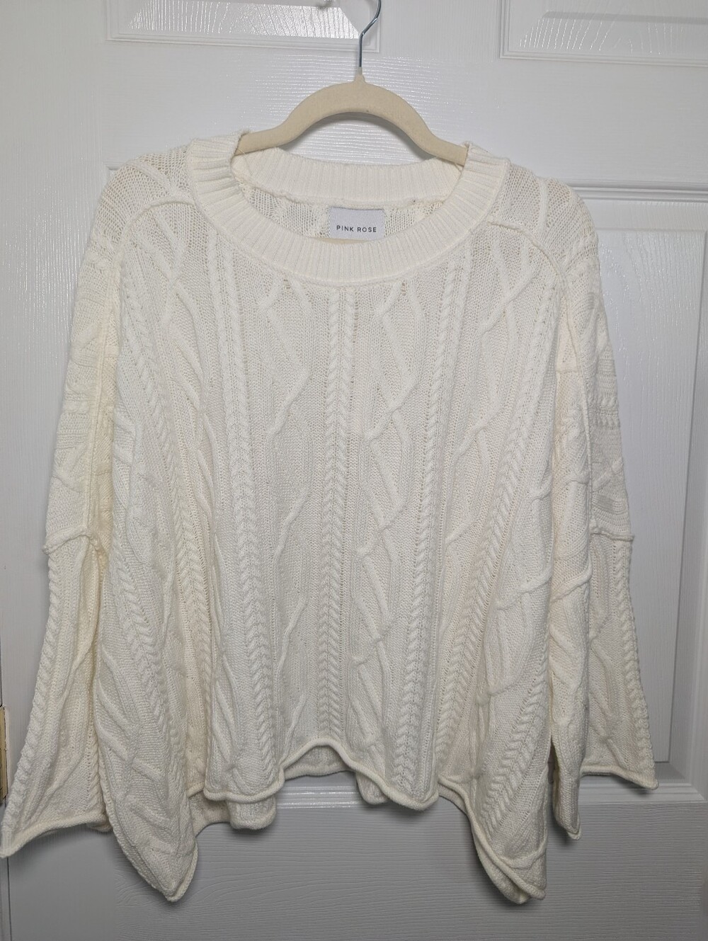 Pink Rose Ivory Cable Knit Sweater Women’s XL Oversized Dolman Cotton Blend NWT